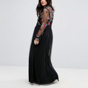 Black Embroidered Mesh Sleeve Maxi Dress