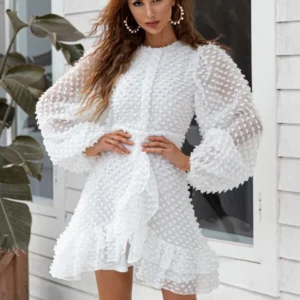 White Puff Sleeve Ruffle Dress with Polka Dot Detail