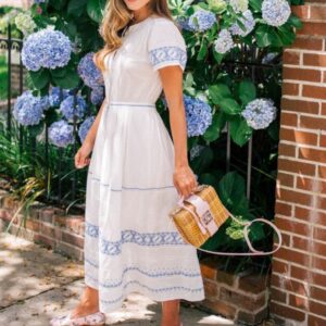 White Embroidered Midi Dress with Blue Detailing