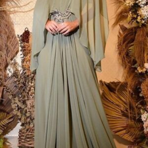Elegant Pleated Green Dress with Cape Sleeves