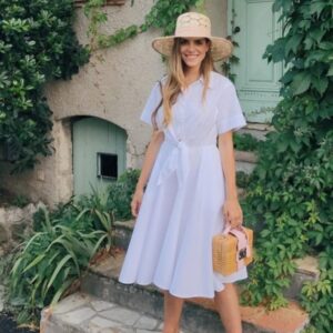 White Button-Down Tie Waist Midi Dress