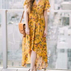 Floral High-Low Dress with Tie Waist
