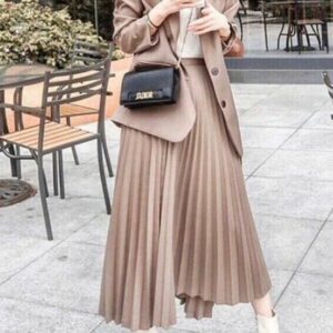 Beige Pleated Skirt with Blazer and White Ankle Boots