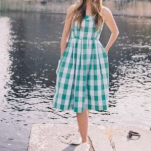 Green Gingham Checkered Sleeveless Dress with Pockets
