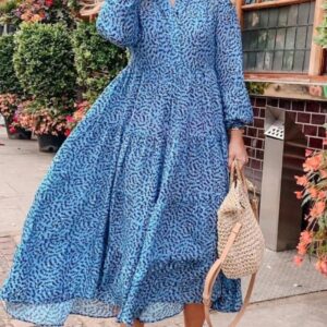 Blue Floral Long Sleeve Maxi Dress