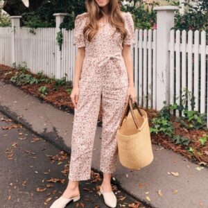 Floral Print Puff Sleeve Jumpsuit with Tie Waist