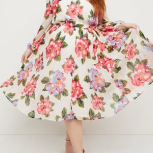Floral Pleated Midi Dress with Belted Waist